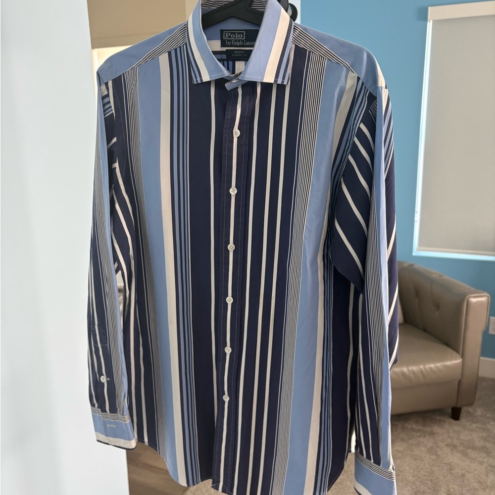 Polo by Ralph Lauren Blue and White Dress Shirt Vertical Stripes